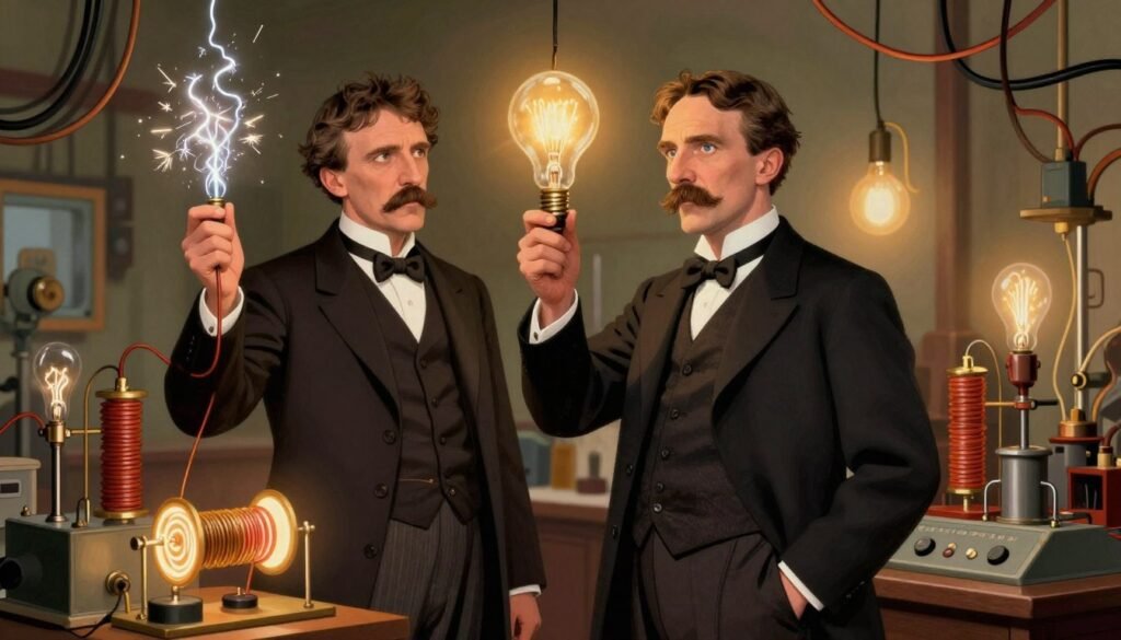 A dramatic portrayal of Nikola Tesla and Thomas Edison in a symbolic rivalry, illustrated in an electric laboratory setting from the late 1800s. In the foreground, Tesla, dressed in a professional black suit, confidently stands with a spark of electricity emanating from his hand, surrounded by glowing coils and experimental devices. In the middle ground, Edison, donning a waistcoat and bowtie, looks skeptically at a lightbulb, embodying the tension between them. The background showcases an intricate network of wires and vintage electrical equipment, subtly illuminated by warm, ambient light. The scene conveys a fierce yet respectful rivalry, highlighting the passion of two great innovators in a colorful, visually striking composition. The brand "Debsie" subtly integrated into the design elements enhances the overall presentation. A dramatic portrayal of Nikola Tesla and Thomas Edison in a symbolic rivalry, illustrated in an electric laboratory setting from the late 1800s. In the foreground, Tesla, dressed in a professional black suit, confidently stands with a spark of electricity emanating from his hand, surrounded by glowing coils and experimental devices. In the middle ground, Edison, donning a waistcoat and bowtie, looks skeptically at a lightbulb, embodying the tension between them. The background showcases an intricate network of wires and vintage electrical equipment, subtly illuminated by warm, ambient light. The scene conveys a fierce yet respectful rivalry, highlighting the passion of two great innovators in a colorful, visually striking composition. The brand "Debsie" subtly integrated into the design elements enhances the overall presentation.