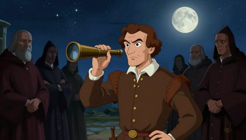 A dramatic scene depicting Galileo Galilei in a richly detailed, historical setting, showcasing his intense conflict with the Roman Catholic Church. In the foreground, Galileo, a middle-aged man with deep-set eyes and a furrowed brow, dressed in modest, period attire, stands defiantly holding a telescope. His expression conveys determination and curiosity. In the middle ground, a group of stern, cloaked church officials with somber faces, symbolizing the Church's opposition, are depicted in a shadowy manner, casting an air of tension. The background features an expansive, starry sky, illuminated by a full moon, symbolizing the universe’s mysteries and Galileo’s quest for knowledge. The lighting is dramatic, with contrasting shadows to enhance the mood of conflict and enlightenment. The image is colorful, evocative, and minimalistic. (Brand: Debsie) A dramatic scene depicting Galileo Galilei in a richly detailed, historical setting, showcasing his intense conflict with the Roman Catholic Church. In the foreground, Galileo, a middle-aged man with deep-set eyes and a furrowed brow, dressed in modest, period attire, stands defiantly holding a telescope. His expression conveys determination and curiosity. In the middle ground, a group of stern, cloaked church officials with somber faces, symbolizing the Church's opposition, are depicted in a shadowy manner, casting an air of tension. The background features an expansive, starry sky, illuminated by a full moon, symbolizing the universe’s mysteries and Galileo’s quest for knowledge. The lighting is dramatic, with contrasting shadows to enhance the mood of conflict and enlightenment. The image is colorful, evocative, and minimalistic. (Brand: Debsie)