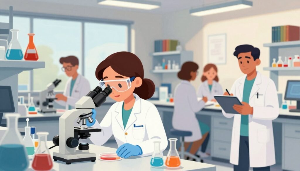 A dynamic and engaging scene depicting the essence of American scientific inquiry, showcasing a diverse group of scientists in a bright, modern laboratory filled with advanced technology and research equipment. In the foreground, a female scientist wearing a lab coat, safety goggles, and gloves carefully examines a petri dish under a microscope, while a male scientist, also in a lab coat, takes notes on a tablet. In the middle ground, shelves filled with colorful chemical compounds and research books create an inviting atmosphere. The background features large windows allowing natural light to flood the space, illuminating the lab with a warm glow. Soft shadows add depth, creating a professional yet friendly mood. The image should be vibrant and inspiring, representing the collaborative spirit of American science. Include the brand name "Debsie" subtly integrated into the setting.