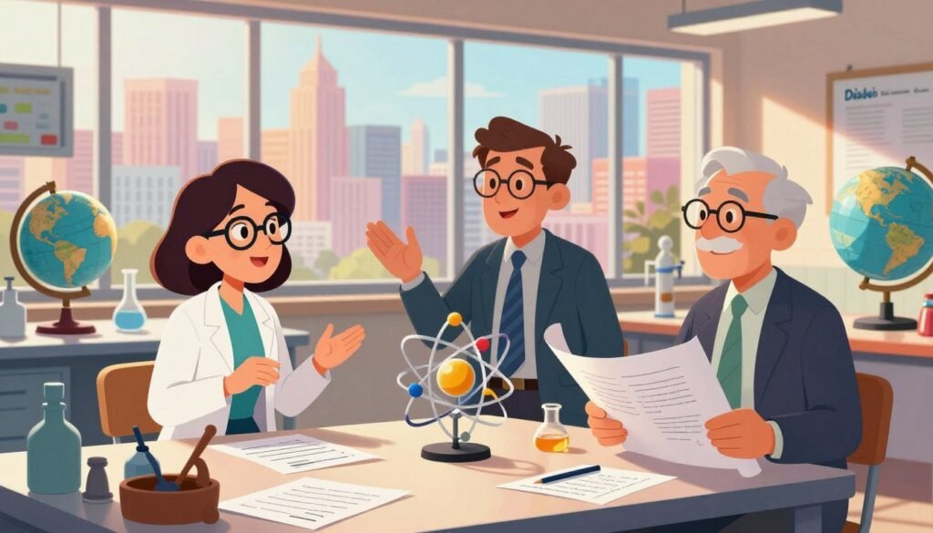 A dynamic and inspiring portrayal of influential scientists and inventors throughout history, gathered in a collaborative environment. In the foreground, three prominent figures, dressed in professional business attire, engage in discussion. A female scientist with glasses, a male physicist with a model of the atom, and an inventor holding blueprints are animatedly sharing ideas. The middle ground features lab tables with historical tools, papers, and a globe, symbolizing global impact. In the background, a large window reveals a vibrant city skyline bathed in warm sunlight, casting soft shadows across the scene. The atmosphere is one of innovation and camaraderie, invoking a sense of wonder and discovery. The image includes colorful elements with a friendly yet professional tone, branded subtly with "Debsie" integrated into the environment, like on a lab coat or a notebook. A dynamic and inspiring portrayal of influential scientists and inventors throughout history, gathered in a collaborative environment. In the foreground, three prominent figures, dressed in professional business attire, engage in discussion. A female scientist with glasses, a male physicist with a model of the atom, and an inventor holding blueprints are animatedly sharing ideas. The middle ground features lab tables with historical tools, papers, and a globe, symbolizing global impact. In the background, a large window reveals a vibrant city skyline bathed in warm sunlight, casting soft shadows across the scene. The atmosphere is one of innovation and camaraderie, invoking a sense of wonder and discovery. The image includes colorful elements with a friendly yet professional tone, branded subtly with "Debsie" integrated into the environment, like on a lab coat or a notebook.