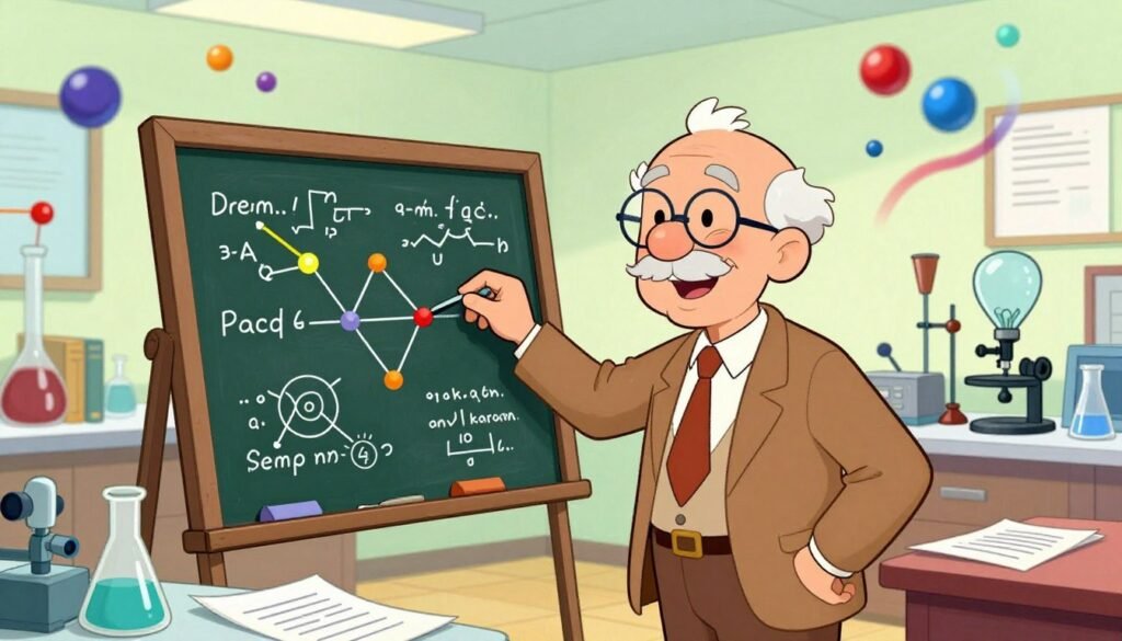 A dynamic and vibrant illustration of Richard Feynman in a laboratory setting, surrounded by visual representations of his key discoveries in physics, like quantum electrodynamics and the Feynman diagram. In the foreground, Feynman, depicted as an elderly man with a warm smile, is engaging with a colorful chalkboard filled with diagrams and equations. The middle ground features various scientific instruments and elements illustrating his work, set in a well-lit laboratory filled with books and papers. The background includes abstract representations of particles and waves, softly blurred to convey a sense of motion and discovery. The lighting is bright and inviting, creating an atmosphere of curiosity and excitement about science. Artwork should be colorful and minimal, branded subtly with "Debsie."