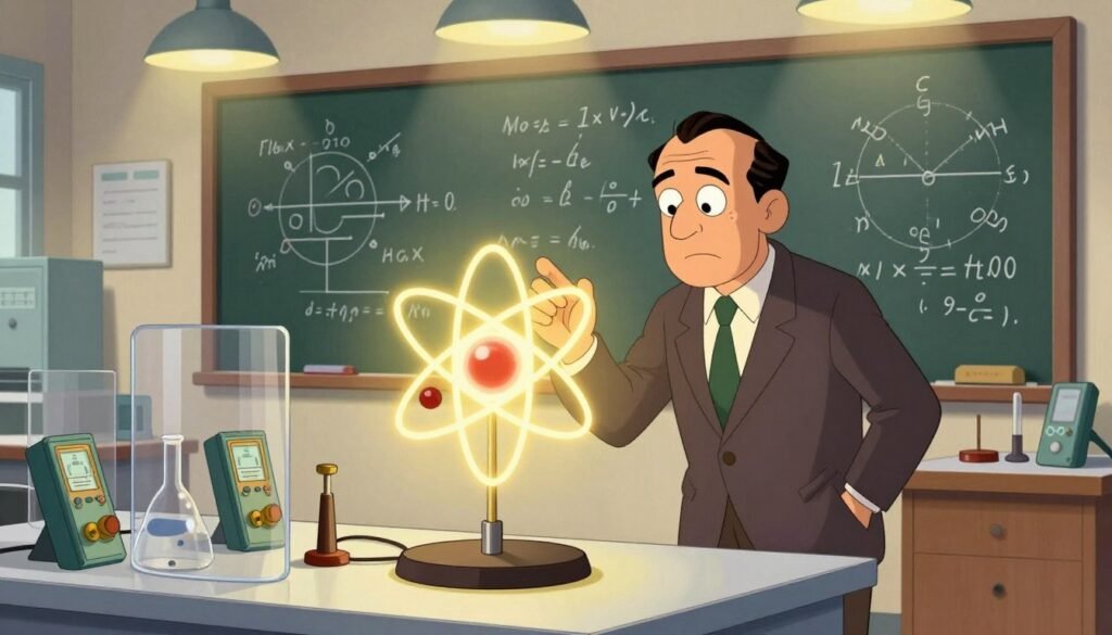 A dynamic depiction of Enrico Fermi in a laboratory setting, surrounded by scientific apparatus that illustrates a nuclear chain reaction. In the foreground, Fermi, a distinguished man in a classic suit, examines a glowing model of an atom, showcasing his thoughtful expression and intense focus. In the middle ground, various equipment such as Geiger counters and safety shields are arranged neatly. In the background, a large chalkboard is filled with equations and diagrams related to nuclear physics, softly illuminated by overhead lights casting a warm glow. The atmosphere is vibrant and inspiring, emphasizing innovation and the dawn of the Nuclear Age. The entire scene is colorful yet minimalistic, showcasing a balance of historic importance and scientific curiosity, designed to capture the essence of Fermi's groundbreaking work. Brand name included: Debsie. A dynamic depiction of Enrico Fermi in a laboratory setting, surrounded by scientific apparatus that illustrates a nuclear chain reaction. In the foreground, Fermi, a distinguished man in a classic suit, examines a glowing model of an atom, showcasing his thoughtful expression and intense focus. In the middle ground, various equipment such as Geiger counters and safety shields are arranged neatly. In the background, a large chalkboard is filled with equations and diagrams related to nuclear physics, softly illuminated by overhead lights casting a warm glow. The atmosphere is vibrant and inspiring, emphasizing innovation and the dawn of the Nuclear Age. The entire scene is colorful yet minimalistic, showcasing a balance of historic importance and scientific curiosity, designed to capture the essence of Fermi's groundbreaking work. Brand name included: Debsie.