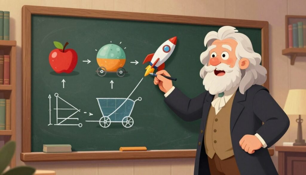A dynamic illustration depicting Isaac Newton, an elderly gentleman in professional attire, standing confidently beside a large chalkboard filled with diagrams representing the three laws of motion. In the foreground, Newton is writing with chalk, passionately explaining the concepts, with an intense yet approachable expression. The middle ground features floating illustrations of various objects demonstrating each law: an apple representing gravity, a moving cart illustrating inertia, and a rocket demonstrating action and reaction, all artistically rendered. The background includes a cozy library setting with wooden shelves filled with scientific books, warm lighting creating an inviting atmosphere. The artwork is colorful and friendly, capturing the essence of discovery and inspiration. Designed by Debsie, perfect for educational use.