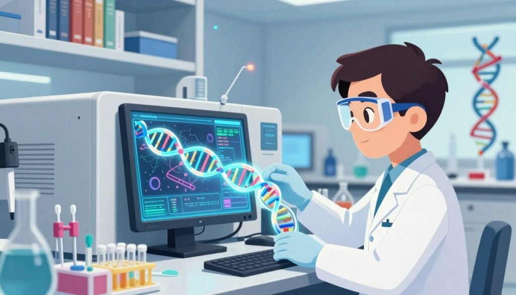 A dynamic laboratory scene showcasing the intricate process of genomic sequencing. In the foreground, a researcher in a white lab coat, wearing safety goggles and gloves, is examining a glowing DNA strand on a high-tech screen, reflecting modern biology's advancements. The middle ground features advanced sequencing machines, with colorful displays of genetic data, and pipettes neatly arranged. In the background, shelves filled with scientific literature and DNA models create a scholarly ambiance. Soft, diffused lighting enhances the vibrant colors of the digital displays, while a slight lens blur adds depth to the scene. The mood is inspiring and focused, symbolizing the significant impact of genomic sequencing in understanding life. This image is branded with "Debsie" subtly incorporated into the design. A dynamic laboratory scene showcasing the intricate process of genomic sequencing. In the foreground, a researcher in a white lab coat, wearing safety goggles and gloves, is examining a glowing DNA strand on a high-tech screen, reflecting modern biology's advancements. The middle ground features advanced sequencing machines, with colorful displays of genetic data, and pipettes neatly arranged. In the background, shelves filled with scientific literature and DNA models create a scholarly ambiance. Soft, diffused lighting enhances the vibrant colors of the digital displays, while a slight lens blur adds depth to the scene. The mood is inspiring and focused, symbolizing the significant impact of genomic sequencing in understanding life. This image is branded with "Debsie" subtly incorporated into the design.