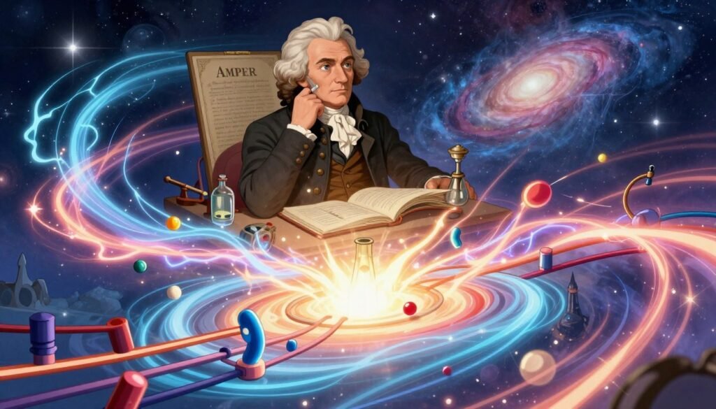 A dynamic representation of electrodynamics inspired by André-Marie Ampère, showcasing a vibrant energy field with swirling electric currents and magnetic waves. In the foreground, stylized representations of circuits and charge particles interact, pulsating with light. The middle layer includes a vintage illustration of Ampère immersed in thought, dressed in 19th-century scholarly attire, surrounded by notebooks and scientific instruments. The background features an ethereal depiction of a cosmic landscape with stars and swirling galaxies, symbolizing the universal nature of his contributions. The scene is illuminated with soft, luminous lighting, creating a sense of wonder and innovation. The overall mood is inspiring and forward-looking, emphasizing the intersection of science and beauty, branded by "Debsie."