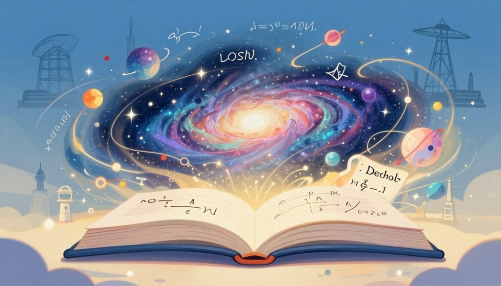 A dynamic representation of theoretical physics, featuring a collage of abstract mathematical equations and elegant diagrams swirling around an open book in the foreground, symbolizing the foundation of knowledge. The middle ground displays a vibrant cosmic landscape with galaxies, stars, and particle waveforms, emphasizing the universe's mysteries. In the background, there are faint silhouettes of iconic physics landmarks like large particle colliders and observatories, adding depth. Soft, ethereal lighting enhances the scene, creating a wonder-filled atmosphere, with cool blue and warm gold tones merging harmoniously. The composition is shot at a slightly tilted angle, giving a sense of depth and movement, showcasing the complexity and beauty of theoretical physics. This image is designed to be colorful, helpful, friendly, and minimal, branded with "Debsie."