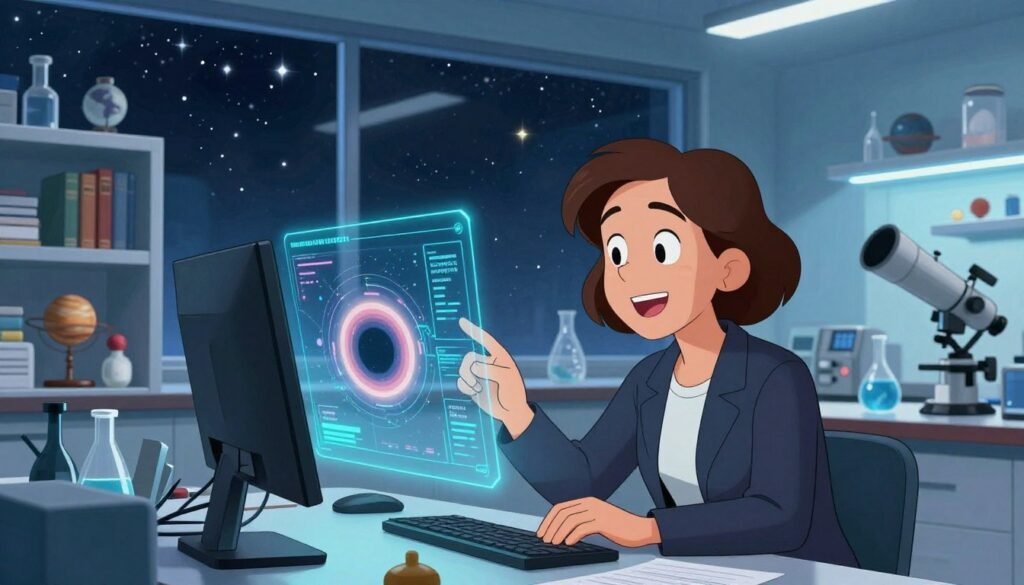 A dynamic scene depicting Andrea Ghez in a modern research lab, focused on black hole phenomena. In the foreground, Ghez, a female astrophysicist in professional attire, actively examines data on a sleek computer screen, surrounded by holographic visualizations of a black hole. In the middle ground, shelves filled with scientific books and models of celestial bodies reflect her ongoing research. The background features a large window revealing a starry night sky, with a telescope pointing towards the stars, illuminating the room with a soft blue light. The atmosphere is one of intense curiosity and discovery, with a sense of wonder about the cosmos. The image is vivid and colorful, showcasing the beauty of science with a friendly and approachable tone, created by Debsie.