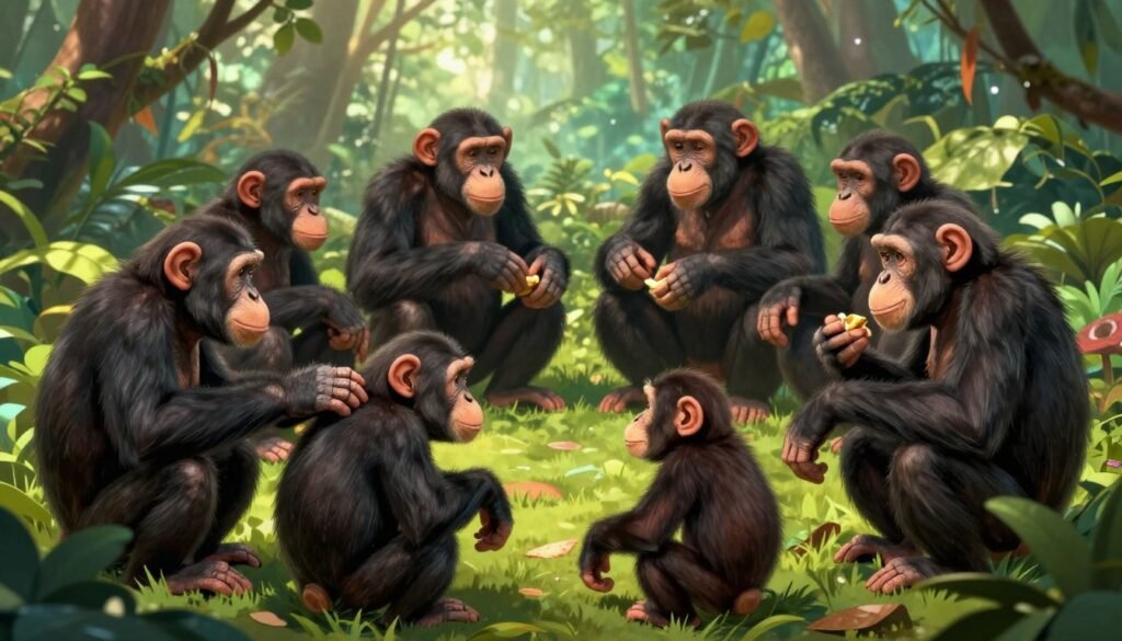 A dynamic scene depicting chimpanzees engaged in their intricate social structures in a lush, vibrant jungle setting. In the foreground, a small group of chimpanzees are grooming each other, showcasing their bonds, with one chimpanzee playfully interacting with a young one. In the middle ground, a larger group sits in a circle, communicating and sharing food, emphasizing cooperation and social hierarchy. The background features dense foliage, with dappled sunlight filtering through the trees, creating an inviting atmosphere. The scene should convey warmth and camaraderie, highlighting the rich social interactions among the chimpanzees. Capture this moment in soft, natural lighting, with a slight depth of field, focusing on the chimpanzees’ expressions and movements. Styled by Debsie. A dynamic scene depicting chimpanzees engaged in their intricate social structures in a lush, vibrant jungle setting. In the foreground, a small group of chimpanzees are grooming each other, showcasing their bonds, with one chimpanzee playfully interacting with a young one. In the middle ground, a larger group sits in a circle, communicating and sharing food, emphasizing cooperation and social hierarchy. The background features dense foliage, with dappled sunlight filtering through the trees, creating an inviting atmosphere. The scene should convey warmth and camaraderie, highlighting the rich social interactions among the chimpanzees. Capture this moment in soft, natural lighting, with a slight depth of field, focusing on the chimpanzees’ expressions and movements. Styled by Debsie.