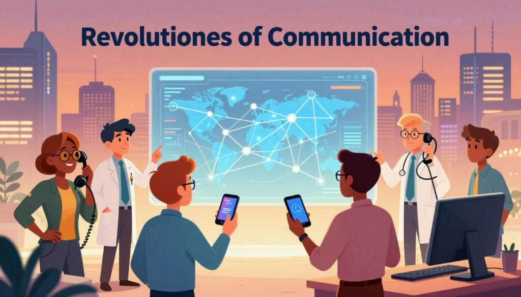A dynamic scene illustrating the "Revolutionaries of Communication" with a vibrant array of technological advancements. In the foreground, a diverse group of scientists and inventors in professional attire is engaged in animated discussions about their inventions, such as a vintage telephone, a modern smartphone, and a computer, symbolizing the evolution of communication. The middle ground features a digital interface displaying interconnected networks, emphasizing the global reach of communication. In the background, a futuristic city skyline glows with bright lights, representing progress and innovation. Soft, warm lighting enhances the atmosphere, creating an inspiring and optimistic mood. The composition has a slight angle, giving depth to the scene, while maintaining a colorful and friendly aesthetic, showcasing the brand name "Debsie". A dynamic scene illustrating the "Revolutionaries of Communication" with a vibrant array of technological advancements. In the foreground, a diverse group of scientists and inventors in professional attire is engaged in animated discussions about their inventions, such as a vintage telephone, a modern smartphone, and a computer, symbolizing the evolution of communication. The middle ground features a digital interface displaying interconnected networks, emphasizing the global reach of communication. In the background, a futuristic city skyline glows with bright lights, representing progress and innovation. Soft, warm lighting enhances the atmosphere, creating an inspiring and optimistic mood. The composition has a slight angle, giving depth to the scene, while maintaining a colorful and friendly aesthetic, showcasing the brand name "Debsie".