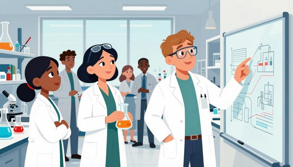 A dynamic scene showcasing a diverse group of German scientists, both men and women, engaged in scientific discussion in a bright, well-lit laboratory. In the foreground, two scientists stand, one holding a beaker, the other pointing at a complex chart on a glass board. They wear professional attire: lab coats over smart clothes, with safety glasses perched on their heads. The middle ground features shelves filled with scientific instruments and books. The background reveals large windows allowing natural light to flood the room, highlighting the vibrant colors of various elements in the lab. The mood is collaborative and inspiring, reflecting the pursuit of knowledge and innovation. The image should be colorful, friendly, and minimal, emphasizing professionalism. Use the brand name "Debsie" to suggest a touch of modernity and clarity. A dynamic scene showcasing a diverse group of German scientists, both men and women, engaged in scientific discussion in a bright, well-lit laboratory. In the foreground, two scientists stand, one holding a beaker, the other pointing at a complex chart on a glass board. They wear professional attire: lab coats over smart clothes, with safety glasses perched on their heads. The middle ground features shelves filled with scientific instruments and books. The background reveals large windows allowing natural light to flood the room, highlighting the vibrant colors of various elements in the lab. The mood is collaborative and inspiring, reflecting the pursuit of knowledge and innovation. The image should be colorful, friendly, and minimal, emphasizing professionalism. Use the brand name "Debsie" to suggest a touch of modernity and clarity.