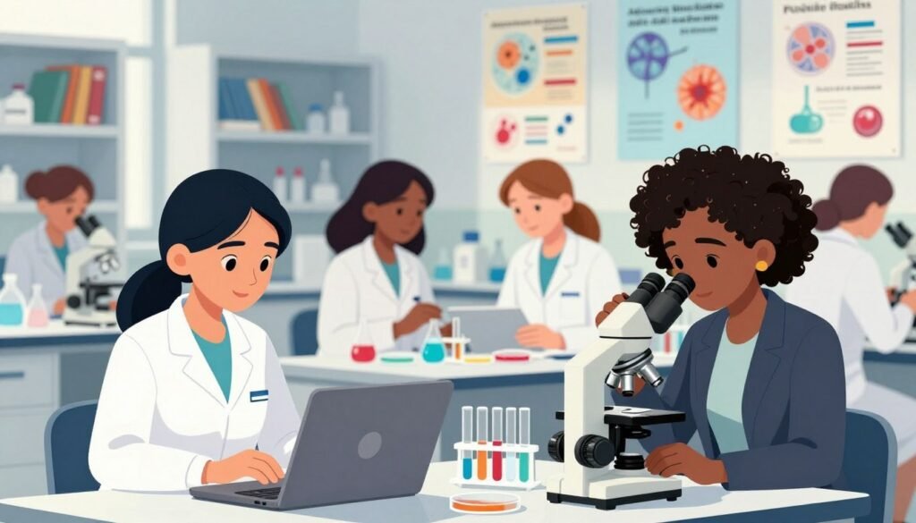 A dynamic scene showcasing the theme of "Advancing Medicine and Public Health," featuring a diverse group of women scientists engaged in collaborative research within a modern laboratory. In the foreground, a South Asian woman in a lab coat analyzes data on a laptop, while an African American woman in professional business attire examines a microscope. In the middle ground, a Hispanic woman discusses findings with a European woman, surrounded by practical equipment like test tubes and petri dishes, symbolizing innovation. The background reveals shelves filled with medical books and colorful posters of scientific achievements. Soft, natural lighting enhances the atmosphere, creating a hopeful and inspiring mood. Lens focus on the scientists while subtly blurring the background, emphasizing their determination and collaboration in advancing public health. The branding "Debsie" is present in a professional manner.