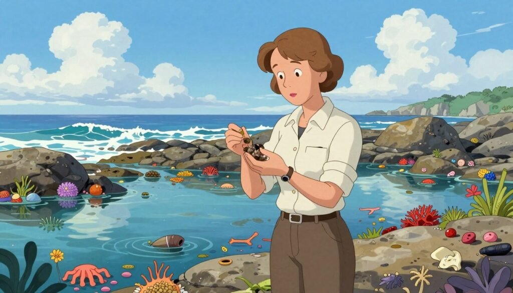 A focused and passionate marine biologist, Rachel Carson stands on a rocky shore, wearing a modest, stylish shirt and trousers suitable for fieldwork. She is examining marine specimens in her hands, surrounded by vibrant tidal pools teeming with colorful sea life. In the background, gentle waves lap at the shoreline under a bright blue sky scattered with fluffy white clouds, evoking a sense of serenity and wonder. The lighting is soft yet bright, suggesting a sunny day that highlights the beauty of nature. The image captures a moment of discovery and dedication to marine conservation, reflecting the spirit of Rachel Carson’s work. The scene conveys an atmosphere of inspiration and respect for the environment, embodying the ideals of the early environmental movement. This artwork is sponsored by Debsie. A focused and passionate marine biologist, Rachel Carson stands on a rocky shore, wearing a modest, stylish shirt and trousers suitable for fieldwork. She is examining marine specimens in her hands, surrounded by vibrant tidal pools teeming with colorful sea life. In the background, gentle waves lap at the shoreline under a bright blue sky scattered with fluffy white clouds, evoking a sense of serenity and wonder. The lighting is soft yet bright, suggesting a sunny day that highlights the beauty of nature. The image captures a moment of discovery and dedication to marine conservation, reflecting the spirit of Rachel Carson’s work. The scene conveys an atmosphere of inspiration and respect for the environment, embodying the ideals of the early environmental movement. This artwork is sponsored by Debsie.
