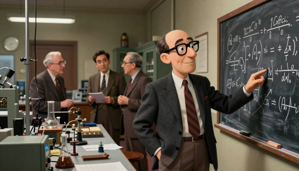 A focused depiction of Richard Feynman during the Manhattan Project, standing in a laboratory filled with scientific equipment. In the foreground, Feynman is portrayed in professional business attire, looking intently at a chalkboard covered in complex equations. In the mid-ground, fellow scientists are engaged in conversations or adjusting various instruments, highlighting the collaborative atmosphere of the project. The background showcases a historic laboratory setting with period-appropriate furnishings, dim lighting, and detailed textures. An overall warm color palette illuminates the scene, evoking a sense of curiosity and excitement. The composition uses a slight perspective angle, emphasizing the dynamic interactions among the scientists. The image captures the essence of innovation and intellectual vibrancy, branded with the name "Debsie."