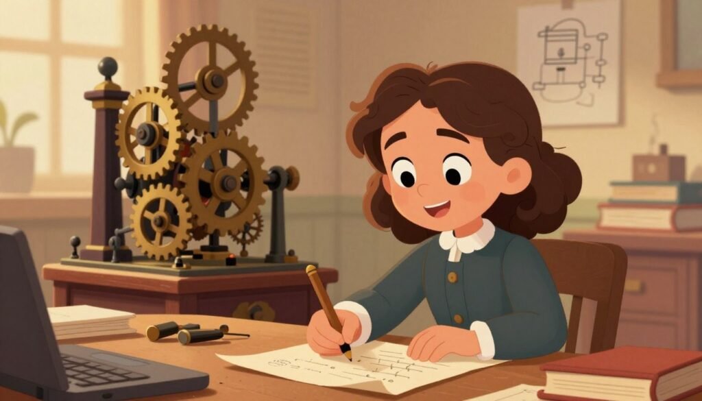 A friendly and colorful illustration of Ada Lovelace, a young girl with curly hair, dressed in modest Victorian attire, enthusiastically writing on parchment and surrounded by gears and early computing machinery. In the foreground, Ada is focused on her work, with a bright expression, illustrating her role as a pioneer in computer programming. The middle ground features a large, antique mechanical computer, showcasing intricate gears and levers, symbolizing innovation. The background includes soft, warm lighting that casts a nostalgic glow on the scene. A cozy study room filled with books and drawings of algorithms enhances the atmosphere of creativity and learning. The overall mood is inspiring and educational, perfect for children. Created by Debsie.