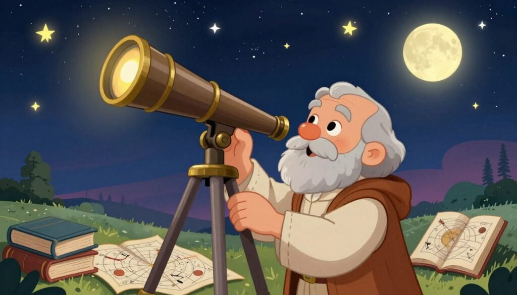 A friendly illustration of Galileo Galilei depicted as a wise, elderly man with a grey beard, wearing a simple yet classic robe. He is standing at a telescope, gazing up at a starry night sky filled with bright, colorful stars and a glowing moon. In the foreground, the telescope is detailed, with brass fittings reflecting the moonlight. In the middle ground, Galileo is surrounded by books and celestial charts, showcasing his love for astronomy. The background features a serene landscape with gentle hills under a twilight sky. The lighting is soft and warm, creating a whimsical atmosphere that invites curiosity and wonder. The image should be colorful and engaging, reflecting the joy of exploration and learning about the universe. Designed for kids, this illustration is by Debsie.