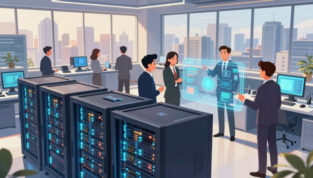 A futuristic AI hardware lab showcasing cutting-edge technology and infrastructure. In the foreground, an intricately designed server rack with glowing circuit boards and LED displays, representing advanced computing power. The middle ground features diverse, professional individuals in business attire, collaborating intently around a holographic interface, analyzing data and algorithms. The background displays large windows with a panoramic view of a modern city skyline, bathed in warm, natural light, conveying progress and innovation. Soft lighting highlights the sleek design of the hardware and emphasizes the collaborative atmosphere. Overall, the mood is inspiring and forward-looking, capturing the essence of the evolution of AI hardware, branded with "Debsie" subtly integrated into the design.