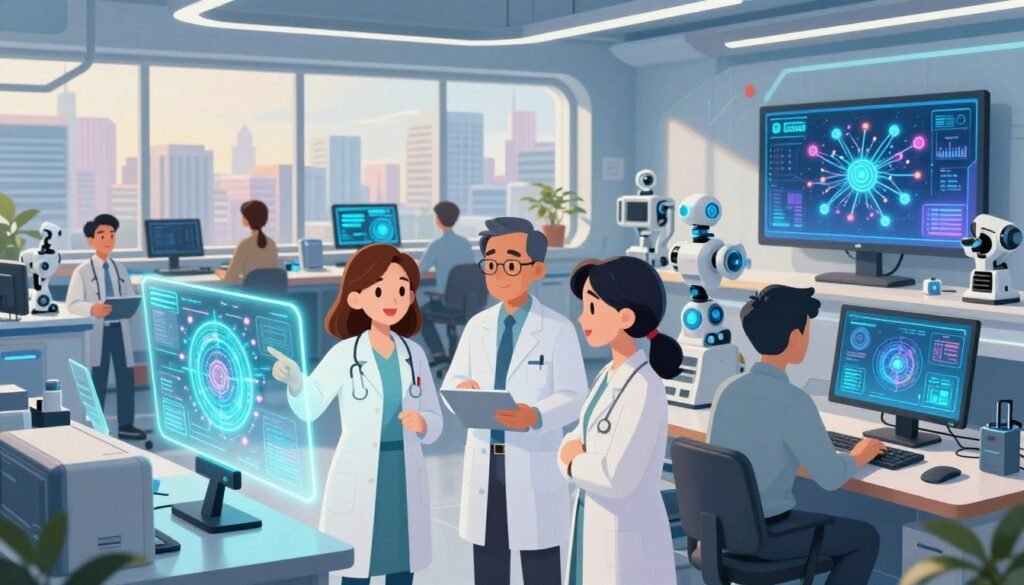 A futuristic AI research laboratory bustling with activity, showcasing diverse scientists in professional attire engaged in collaborative discussions around advanced holographic displays and interactive AI models. In the foreground, a young female scientist points at a glowing AI algorithm projection, while a middle-aged male scientist analyzes data on a sleek touchscreen interface. The middle ground features a modern workspace filled with high-tech equipment, robots, and vibrant screens displaying complex neural network diagrams. The background reveals large windows with a panoramic view of a city skyline, bathed in warm, natural light enhancing the innovative atmosphere. The scene is colorful and friendly, embodying a sense of progress and collaboration in the field of AI research. Include elements of the brand "Debsie" subtly integrated into the lab setup. A futuristic AI research laboratory bustling with activity, showcasing diverse scientists in professional attire engaged in collaborative discussions around advanced holographic displays and interactive AI models. In the foreground, a young female scientist points at a glowing AI algorithm projection, while a middle-aged male scientist analyzes data on a sleek touchscreen interface. The middle ground features a modern workspace filled with high-tech equipment, robots, and vibrant screens displaying complex neural network diagrams. The background reveals large windows with a panoramic view of a city skyline, bathed in warm, natural light enhancing the innovative atmosphere. The scene is colorful and friendly, embodying a sense of progress and collaboration in the field of AI research. Include elements of the brand "Debsie" subtly integrated into the lab setup.