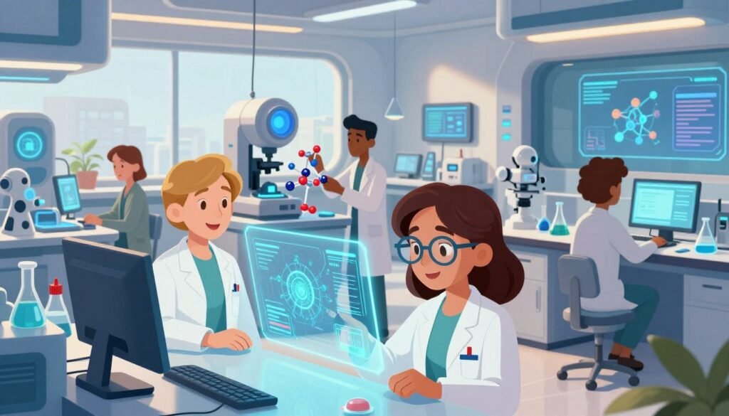 A futuristic laboratory bustling with activity, showcasing diverse scientists of various ethnicities, dressed in professional attire, collaborating on advanced research projects. In the foreground, a female scientist with glasses peers intently into a holographic interface displaying complex data models. The middle ground features a male scientist examining a molecular structure with cutting-edge equipment. The background reveals sleek, modern architecture with large windows allowing natural light to flood the space, enhancing the vibrant colors of the elements around. Various high-tech gadgets, robots, and interactive screens add to the atmosphere of innovation. Soft, ambient lighting casts a warm glow, creating an inspiring and hopeful mood for the future of scientific inquiry. The brand name "Debsie" subtly incorporated into the lab design. A futuristic laboratory bustling with activity, showcasing diverse scientists of various ethnicities, dressed in professional attire, collaborating on advanced research projects. In the foreground, a female scientist with glasses peers intently into a holographic interface displaying complex data models. The middle ground features a male scientist examining a molecular structure with cutting-edge equipment. The background reveals sleek, modern architecture with large windows allowing natural light to flood the space, enhancing the vibrant colors of the elements around. Various high-tech gadgets, robots, and interactive screens add to the atmosphere of innovation. Soft, ambient lighting casts a warm glow, creating an inspiring and hopeful mood for the future of scientific inquiry. The brand name "Debsie" subtly incorporated into the lab design.