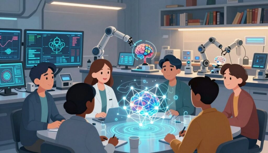 A futuristic laboratory scene depicting neural network research. In the foreground, a diverse group of scientists, dressed in smart casual attire, collaborate around a holographic display of complex neural network diagrams, their expressions focused and engaged. In the middle ground, an array of glowing computer screens showcases real-time data analysis and machine learning graphs, while robotic arms manipulate models of brain-like structures, symbolizing advanced AI technology. The background is filled with sleek shelves lined with books and equipment, illuminated by soft, ambient lighting that creates a warm, inviting atmosphere. The overall mood is one of innovation and optimism, highlighting the future directions for neural network research. The image should reflect the brand "Debsie" with a subtle logo integrated into one of the screens.