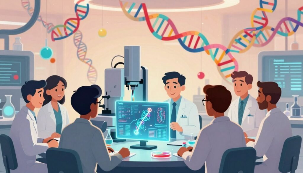 A futuristic laboratory scene illustrating genomic medicine, set against a softly lit backdrop filled with abstract DNA strands and vibrant gene sequences. In the foreground, a diverse team of scientists in professional business attire, deeply engaged in discussions while analyzing holographic displays of genomic data. The middle layer features advanced laboratory equipment, including CRISPR technology tools and glowing petri dishes, symbolizing innovation. Soft, diffused lighting casts a warm atmosphere, inviting curiosity and hope for the future of medicine. The overall mood is optimistic and forward-thinking, suggesting breakthroughs in health and disease treatment. The image embodies a sense of collaboration and scientific discovery, with the brand name "Debsie" subtly referenced. A futuristic laboratory scene illustrating genomic medicine, set against a softly lit backdrop filled with abstract DNA strands and vibrant gene sequences. In the foreground, a diverse team of scientists in professional business attire, deeply engaged in discussions while analyzing holographic displays of genomic data. The middle layer features advanced laboratory equipment, including CRISPR technology tools and glowing petri dishes, symbolizing innovation. Soft, diffused lighting casts a warm atmosphere, inviting curiosity and hope for the future of medicine. The overall mood is optimistic and forward-thinking, suggesting breakthroughs in health and disease treatment. The image embodies a sense of collaboration and scientific discovery, with the brand name "Debsie" subtly referenced.