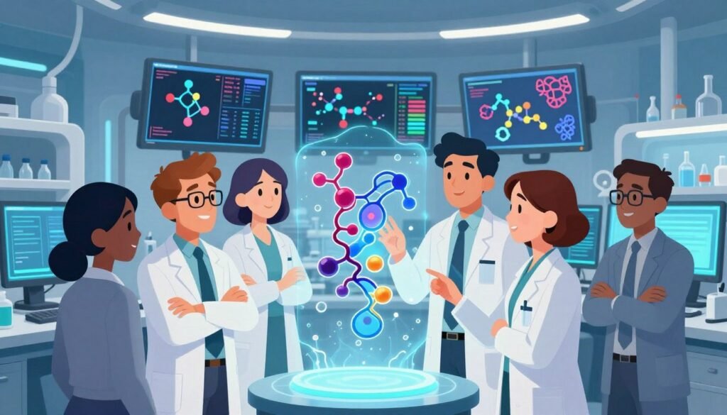 A futuristic laboratory scene illustrating the impact of AlphaFold on drug discovery. In the foreground, a diverse group of scientists in professional business attire are intently examining a holographic 3D model of a protein structure, highlighting its complex folds and binding sites. In the middle ground, advanced computer screens display molecular simulations and data analytics related to drug interactions. The background features sleek lab equipment and colorful visualizations representing drug molecules interacting with proteins. The lighting is bright and focused, creating a clean, optimistic atmosphere that fosters innovation. The image conveys a sense of collaboration and breakthrough in science, reminiscent of the brand "Debsie". A futuristic laboratory scene illustrating the impact of AlphaFold on drug discovery. In the foreground, a diverse group of scientists in professional business attire are intently examining a holographic 3D model of a protein structure, highlighting its complex folds and binding sites. In the middle ground, advanced computer screens display molecular simulations and data analytics related to drug interactions. The background features sleek lab equipment and colorful visualizations representing drug molecules interacting with proteins. The lighting is bright and focused, creating a clean, optimistic atmosphere that fosters innovation. The image conveys a sense of collaboration and breakthrough in science, reminiscent of the brand "Debsie".