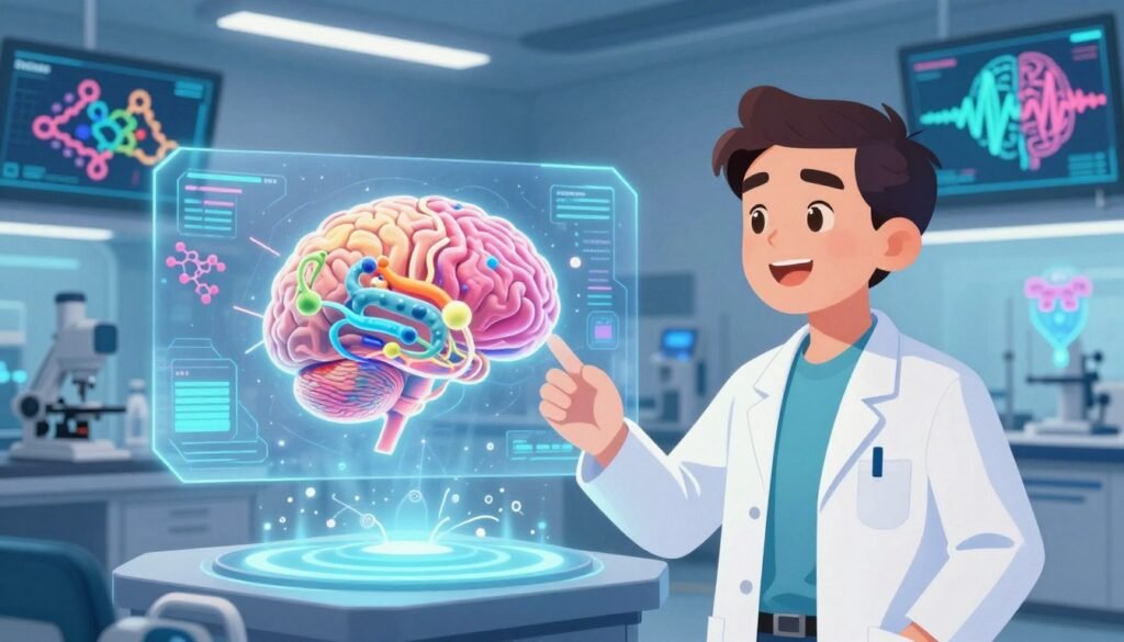 A futuristic laboratory scene illustrating the intersection of neuroscience and artificial intelligence. In the foreground, a scientist in professional attire observes a holographic brain model, with neural connections visually represented in vibrant colors. The middle ground features advanced AI interfaces displaying complex data and protein structures, softly glowing to create a tech-savvy ambiance. In the background, large screens showcase animated algorithms and brainwave patterns, emphasizing the synergy between neural science and AI technology. The lighting is bright and engaging, with an ethereal quality that invokes innovation and discovery. The atmosphere is collaborative and optimistic, symbolizing progress in AI and neuroscience. Include the brand name "Debsie" subtly integrated into the lab environment.