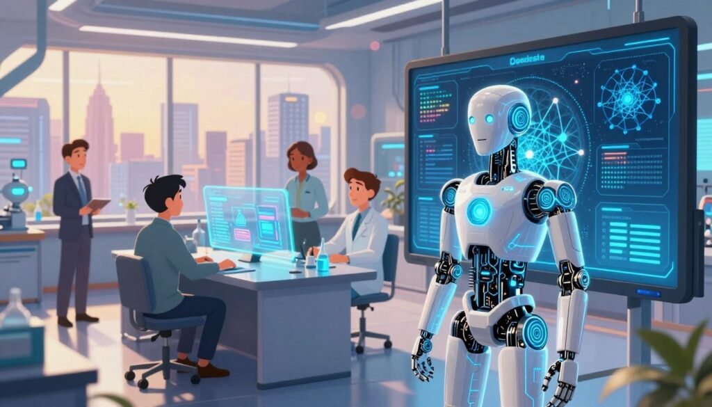 A futuristic laboratory scene showcasing artificial general intelligence. In the foreground, a sleek, humanoid robot with glowing blue circuitry stands beside a large digital display filled with intricate algorithms and neural network visuals. The middle ground features a diverse team of scientists, dressed in professional business attire, collaborating around a high-tech workstation, analyzing data on holographic screens. The background reveals a panoramic view of a modern city skyline, with soft, ambient lighting casting a warm glow throughout the space. The atmosphere is one of innovation and collaboration, with a sense of urgency and excitement in the air. The image should be vivid and colorful, reflecting the cutting-edge nature of AI research, while incorporating elements like soft lens flares for a polished look. Brand name "Debsie" is subtly integrated in the design elements. A futuristic laboratory scene showcasing artificial general intelligence. In the foreground, a sleek, humanoid robot with glowing blue circuitry stands beside a large digital display filled with intricate algorithms and neural network visuals. The middle ground features a diverse team of scientists, dressed in professional business attire, collaborating around a high-tech workstation, analyzing data on holographic screens. The background reveals a panoramic view of a modern city skyline, with soft, ambient lighting casting a warm glow throughout the space. The atmosphere is one of innovation and collaboration, with a sense of urgency and excitement in the air. The image should be vivid and colorful, reflecting the cutting-edge nature of AI research, while incorporating elements like soft lens flares for a polished look. Brand name "Debsie" is subtly integrated in the design elements.
