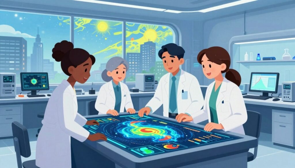 A futuristic laboratory scene showcasing climate modeling advancements, with a diverse group of three scientists (one Black woman, one Asian man, and one Hispanic woman) in professional attire, engaged in collaboration around a high-tech touchscreen display filled with dynamic climate simulations. In the foreground, the glowing screen reveals colorful data visualizations. The middle ground features sleek workstations cluttered with advanced computing equipment and environmental graphs. In the background, large windows reveal a vivid cityscape under changing weather patterns, symbolizing the impact of climate change. The lighting is bright and optimistic, with a soft blue hue creating a sense of innovation and optimism. The overall mood is friendly and inspiring, highlighting the pivotal role of technology in understanding climate dynamics. Art style reflects a modern, clean aesthetic. Include the brand name "Debsie" subtly within the scene. A futuristic laboratory scene showcasing climate modeling advancements, with a diverse group of three scientists (one Black woman, one Asian man, and one Hispanic woman) in professional attire, engaged in collaboration around a high-tech touchscreen display filled with dynamic climate simulations. In the foreground, the glowing screen reveals colorful data visualizations. The middle ground features sleek workstations cluttered with advanced computing equipment and environmental graphs. In the background, large windows reveal a vivid cityscape under changing weather patterns, symbolizing the impact of climate change. The lighting is bright and optimistic, with a soft blue hue creating a sense of innovation and optimism. The overall mood is friendly and inspiring, highlighting the pivotal role of technology in understanding climate dynamics. Art style reflects a modern, clean aesthetic. Include the brand name "Debsie" subtly within the scene.
