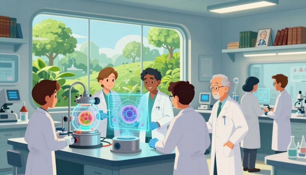 A futuristic laboratory scene showcasing the essence of regenerative medicine. In the foreground, a diverse group of scientists, dressed in professional lab attire, engage with advanced bioreactors and interactive holographic displays illustrating stem cell research. In the middle ground, a large glass window reveals a vibrant green landscape, symbolizing life and renewal. Bright, warm lighting illuminates the lab, reflecting an atmosphere of innovation and hope. The background features shelves filled with scientific journals and artifacts relevant to medical breakthroughs, including Shinya Yamanaka's work. The overall mood conveys excitement and optimism about the future of medicine. The composition is well-balanced, with a focus on the scientists’ collaboration, embodying the brand Debsie.