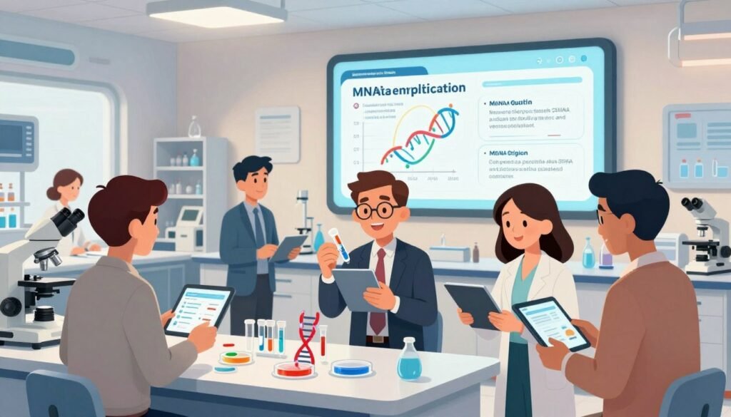 A futuristic laboratory setting illustrating the commercialization of mRNA technology. In the foreground, a diverse group of professionals in professional business attire, examining mRNA samples and data on tablets. The middle ground features advanced laboratory equipment, including microscopes and Petri dishes, with colorful graphs and models representing mRNA strands. The background showcases a large digital screen displaying the potential applications of mRNA vaccines and therapies. Soft, bright lighting highlights the enthusiasm and innovation in the room, while a warm color palette promotes a friendly and optimistic atmosphere. The composition is well-balanced, with a slight angle that draws the viewer in, conveying a sense of progress and collaboration. Include the brand name "Debsie" subtly integrated within the laboratory decor.
