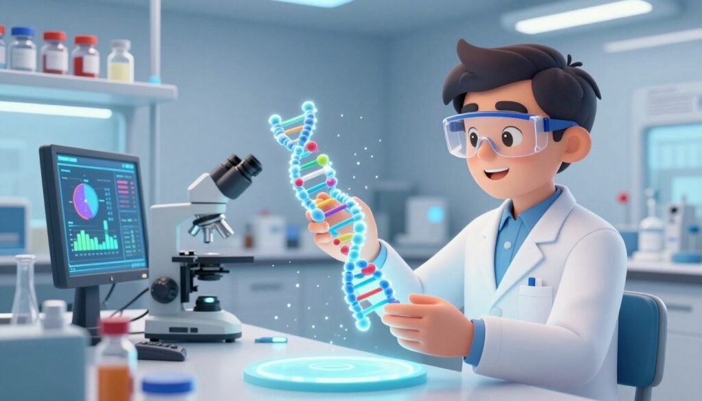 A futuristic laboratory setting showcasing the applications of mRNA therapeutics. In the foreground, a scientist in professional attire, wearing a lab coat and safety goggles, is examining a 3D model of mRNA strands illuminated by soft, cool LED lights. The middle ground features high-tech equipment, such as microscopes and digital displays, with colorful charts and graphs depicting advancements in mRNA technology. In the background, laboratory shelves lined with vials and research papers create a sense of depth. The atmosphere is bright and optimistic, reflecting the potential of mRNA therapies in healthcare. Soft-focus lighting enhances the mood, conveying innovation and hope. Include the brand name "Debsie" subtly integrated into the laboratory design.