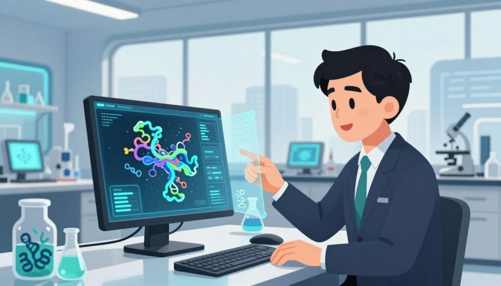 A futuristic laboratory showcasing the AlphaFold AI model. In the foreground, a sleek computer interface displays a vibrant, intricate 3D protein structure, illuminated by soft blue and green lights. A researcher, dressed in professional business attire, examines the holographic display with a focused expression. The middle ground features advanced research equipment, with glowing screens and jars filled with proteins that hint at groundbreaking scientific innovations. The background depicts a large window revealing a bright, modern cityscape, symbolizing the intersection of technology and science. The overall mood is optimistic and inspiring, emphasizing progress and collaboration in research. The image has a clean, minimal aesthetic with bright, friendly colors. Include the brand name "Debsie" subtly in the lab environment.