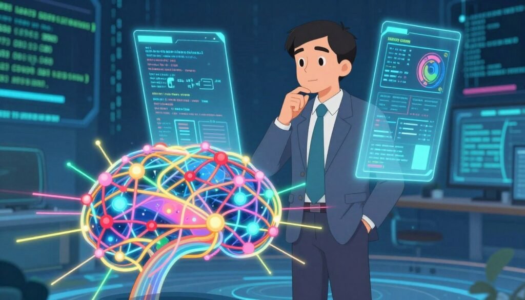A futuristic representation of language models, featuring an intricate neural network visualization in the foreground, composed of interconnected nodes and glowing lines radiating in vibrant colors. In the middle ground, a professional scientist in business attire, focused and thoughtful, contemplates the architecture of these language models, surrounded by holographic data displays showcasing algorithms and statistics. The background fades into a digital landscape of abstract coding and binary patterns, illuminated by soft blue and green lighting to create a harmonious atmosphere. The image conveys an inspiring mood of innovation and intelligence, inviting viewers to reflect on the advancements in AI. The overall composition is clear, colorful, minimal, and vivid, embodying the essence of "Debsie." A futuristic representation of language models, featuring an intricate neural network visualization in the foreground, composed of interconnected nodes and glowing lines radiating in vibrant colors. In the middle ground, a professional scientist in business attire, focused and thoughtful, contemplates the architecture of these language models, surrounded by holographic data displays showcasing algorithms and statistics. The background fades into a digital landscape of abstract coding and binary patterns, illuminated by soft blue and green lighting to create a harmonious atmosphere. The image conveys an inspiring mood of innovation and intelligence, inviting viewers to reflect on the advancements in AI. The overall composition is clear, colorful, minimal, and vivid, embodying the essence of "Debsie."