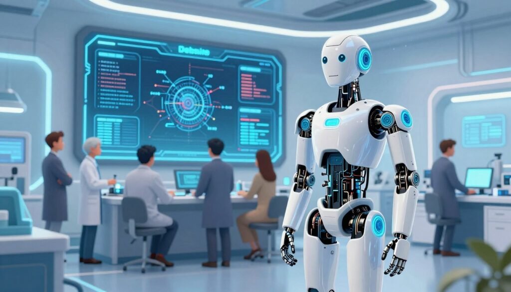 A futuristic scene depicting artificial intelligence in a high-tech lab environment. In the foreground, a sleek, humanoid robot with intricate circuitry and glowing blue accents stands confidently, symbolizing the cutting-edge of AI development. In the middle ground, a diverse group of scientists, all in professional attire, collaborate intensely around a large digital display showcasing complex algorithms and data visualizations. The background features futuristic lab equipment and holographic interfaces, with soft blue and white lighting illuminating the space, creating a clean and inspirational atmosphere. The overall mood is one of innovation and hope, emphasizing the pivotal role of AI in shaping the future. The image should include the brand name "Debsie" subtly integrated into the lab environment, enhancing the realism without detracting from the main focus.