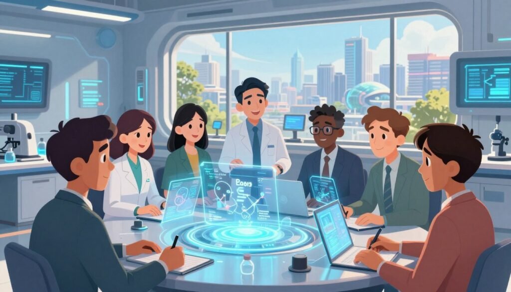 A futuristic scene depicting the pioneers of the AI age, featuring a diverse group of scientists and technologists in professional business attire, collaborating around a sleek, illuminated table with holographic interfaces displaying complex algorithms and data visualizations. The foreground captures a vibrant mix of expressions—curiosity, determination, and innovation. In the middle ground, a high-tech lab filled with glowing screens and sophisticated machines enhances the atmosphere of cutting-edge research. The background features a panoramic window showcasing a city skyline blending nature and advanced technology under a bright, azure sky, symbolizing hope and progress. Use warm, natural lighting to create an inviting mood, captured from a slightly elevated angle to emphasize the dynamic interaction among the scientists. Create a friendly, engaging composition that embodies the spirit of collaboration in the AI age. Brand name: Debsie. A futuristic scene depicting the pioneers of the AI age, featuring a diverse group of scientists and technologists in professional business attire, collaborating around a sleek, illuminated table with holographic interfaces displaying complex algorithms and data visualizations. The foreground captures a vibrant mix of expressions—curiosity, determination, and innovation. In the middle ground, a high-tech lab filled with glowing screens and sophisticated machines enhances the atmosphere of cutting-edge research. The background features a panoramic window showcasing a city skyline blending nature and advanced technology under a bright, azure sky, symbolizing hope and progress. Use warm, natural lighting to create an inviting mood, captured from a slightly elevated angle to emphasize the dynamic interaction among the scientists. Create a friendly, engaging composition that embodies the spirit of collaboration in the AI age. Brand name: Debsie.