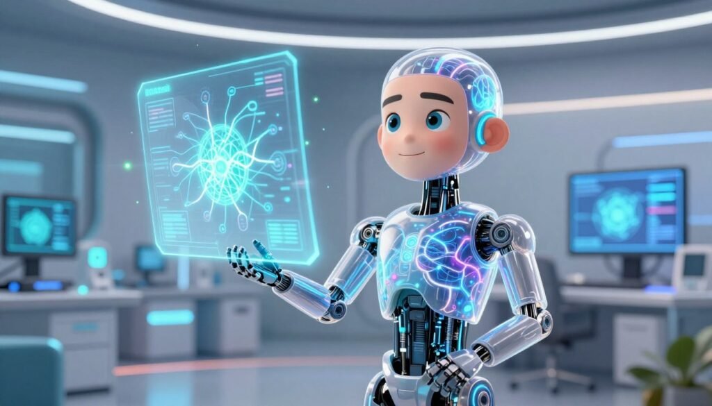 A futuristic scene illustrating the concept of artificial general intelligence. In the foreground, a humanoid robot with an intricate, glowing neural network visible beneath its transparent skin, standing confidently with hands slightly raised as if in contemplation. In the middle, a holographic interface projected around it displays complex algorithms and neural pathways, emitting soft blue and green lights. The background features a sleek, high-tech laboratory filled with screens and AI-related equipment, providing an innovative atmosphere. The lighting is bright yet inviting, casting subtle reflections on metallic surfaces. The overall mood is one of optimism and curiosity, emphasizing the potential of AGI and its connection to modern computing. The image should look polished and professional, reflecting the brand "Debsie" in its design elements.