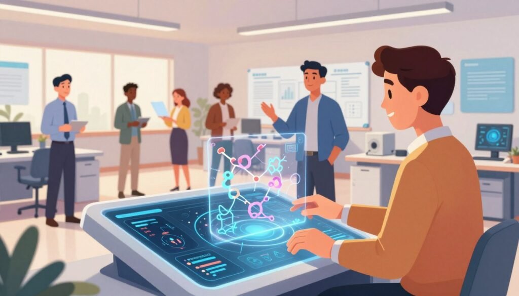 A futuristic workspace showcasing a multimodal AI system in action. In the foreground, a sleek, transparent touch interface displays intricate data visualizations and algorithms. In the middle, a diverse group of professionals in smart business attire collaborate, analyzing holographic projections of protein structures and neural networks. The background features a bright, open space filled with digital whiteboards and advanced machine learning equipment, bathed in soft, diffused lighting that enhances the innovative atmosphere. The overall mood is one of optimism and collaboration, emphasizing the role of AI in future scientific breakthroughs. Warm colors dominate the scene, suggesting a friendly and dynamic environment, with the brand name "Debsie" subtly integrated into the design.