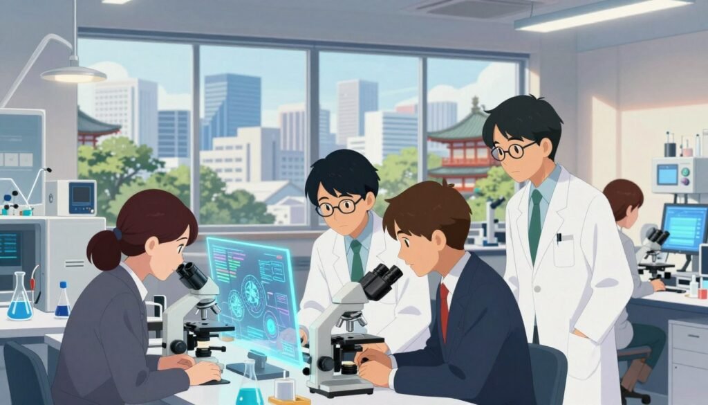 A gathering of innovative Japanese scientists in a modern, high-tech laboratory environment. In the foreground, a diverse group of four scientists—two men and two women—engaged in collaborative research, wearing professional business attire. They are surrounded by advanced scientific equipment, like microscopes and holographic displays, showcasing intricate data and designs. In the middle ground, large windows reveal a vibrant city skyline, symbolizing technological progress. The background features elements of traditional Japanese architecture subtly blended with contemporary design, reflecting Japan's rich heritage and innovation spirit. Soft, natural lighting illuminates the scene, creating a warm and inspiring atmosphere. The overall composition conveys a sense of teamwork, creativity, and the legacy of scientific innovation in Japan. Image by Debsie.
