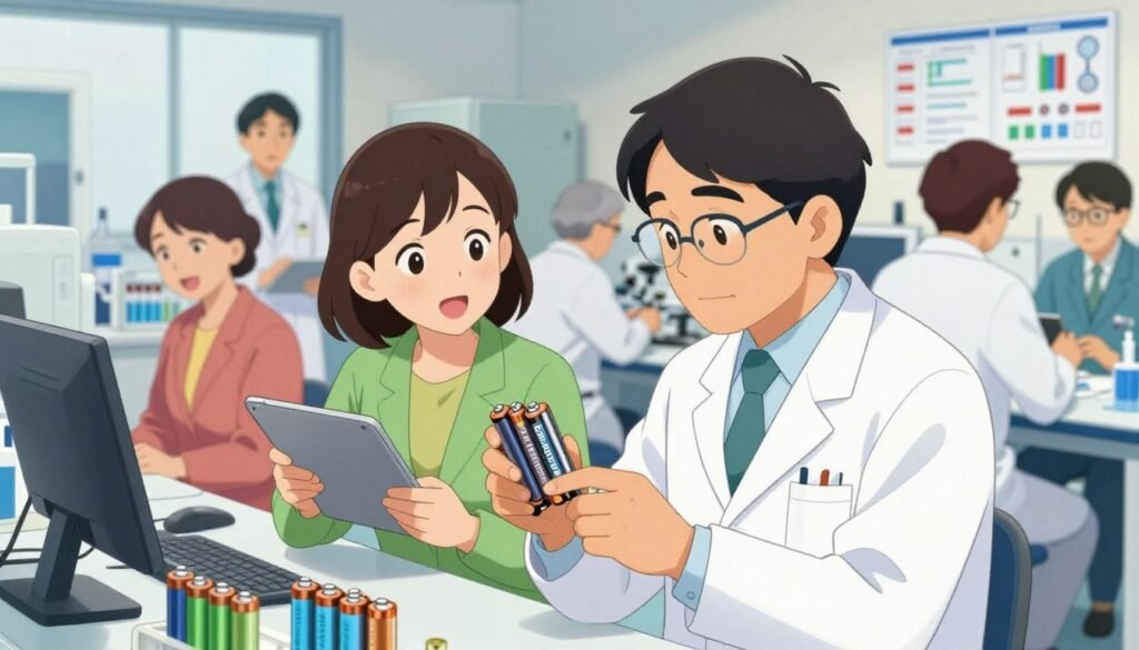A group of Japanese scientists engaged in a collaborative research environment, showcasing diversity in gender and age. In the foreground, a middle-aged male scientist in a white lab coat examines a lithium-ion battery with a focused expression, while a young female scientist beside him enthusiastically discusses the results from a tablet. The background features a high-tech laboratory filled with equipment and scientific charts, with shelves lined with experimental batteries. Soft, natural lighting illuminates the scene, suggesting a sense of curiosity and innovation. The composition is shot from a slightly elevated angle to capture the intricate details of their work. The mood is vibrant and inspiring, reflecting the groundbreaking advancements in technology championed by these scientists. Colorful, professional attire enhances the engaging atmosphere. Branding subtly integrated: "Debsie."