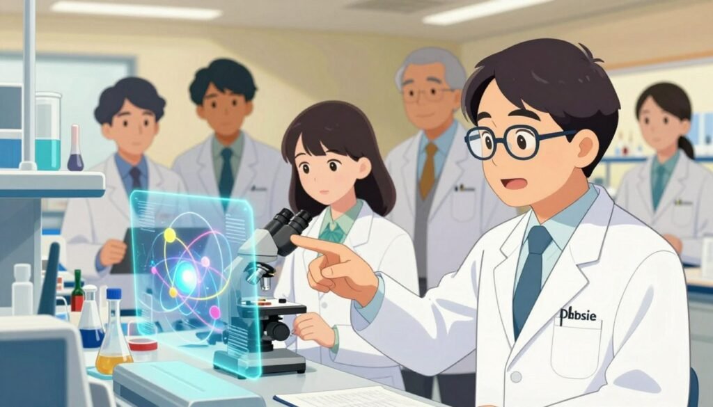 A group of Japanese scientists in a modern laboratory setting, showcasing diversity in gender and age, dressed in professional business attire. In the foreground, a middle-aged male scientist with glasses is explaining the Saturnian Model of the Atom, pointing at a holographic display emitting colorful electron orbits. In the middle, a young female researcher takes notes while examining samples under a microscope. The background features shelves filled with scientific books and equipment under warm, soft lighting creating a focused atmosphere. The image captures a sense of collaboration and discovery, evoking inspiration and intellect. Lens focus is sharp on the scientists with a slightly blurred background to emphasize their work. The overall tone is optimistic and inviting, with subtle colors enhancing the professionalism of the scene. Brand name: Debsie.