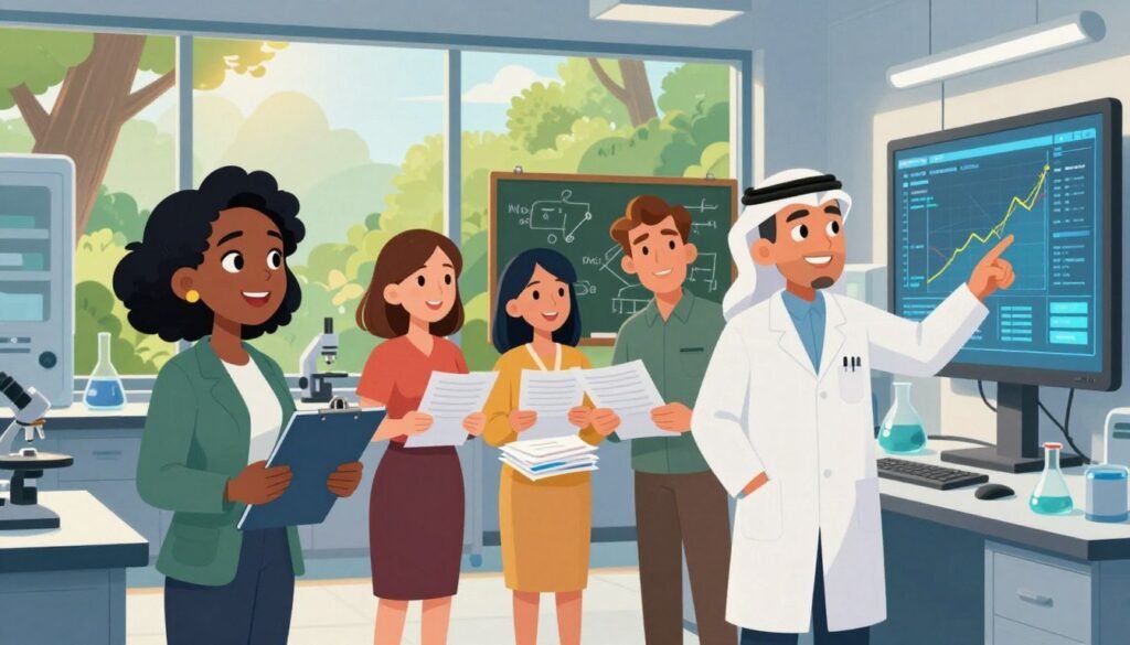 A group of diverse climate science pioneers is gathered in a modern laboratory setting, surrounded by state-of-the-art technology. In the foreground, an African American woman in a professional outfit, holding a clipboard, discusses data with a Middle-Eastern man in a lab coat, who is pointing at a digital screen showing climate graphs. In the middle ground, an Asian woman and a Caucasian man collaborate over a stack of research papers, with a chalkboard filled with diagrams and formulas behind them. The background features large windows with a view of a lush green forest, bathed in warm, natural light, creating an optimistic atmosphere. The image is vibrant and colorful, conveying a sense of teamwork and innovation in climate science. Debsie. A group of diverse climate science pioneers is gathered in a modern laboratory setting, surrounded by state-of-the-art technology. In the foreground, an African American woman in a professional outfit, holding a clipboard, discusses data with a Middle-Eastern man in a lab coat, who is pointing at a digital screen showing climate graphs. In the middle ground, an Asian woman and a Caucasian man collaborate over a stack of research papers, with a chalkboard filled with diagrams and formulas behind them. The background features large windows with a view of a lush green forest, bathed in warm, natural light, creating an optimistic atmosphere. The image is vibrant and colorful, conveying a sense of teamwork and innovation in climate science. Debsie.