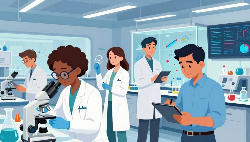 A group of diverse scientists gathered in a modern, well-lit laboratory, showcasing their passion for 21st-century science. In the foreground, a middle-aged Black female scientist wearing a lab coat, glasses, and gloves is analyzing samples under a microscope, while a South Asian male scientist in a smart casual shirt makes notes on a tablet. In the middle ground, a Hispanic female scientist is adjusting equipment, and an East Asian male scientist is looking through glass panels of scientific displays. The background features high-tech instruments, bright LED lighting, and a digital screen displaying scientific data. The atmosphere is energetic and collaborative, reflecting innovation and the spirit of discovery. The image should evoke a sense of teamwork and the future of science. Colors should be vibrant and inviting. Designed by Debsie.