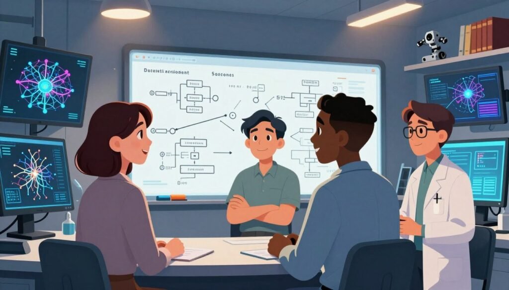 A group of pioneering artificial intelligence scientists gathered in a modern research lab, surrounded by screens displaying neural networks and machine learning models. In the foreground, a diverse group of three scientists, a woman in professional business attire, a man in a smart casual shirt, and a researcher in a lab coat, are engaged in discussion. The middle ground features a large digital whiteboard filled with algorithms and diagrams, symbolizing innovation. Soft, focused lighting casts a warm glow, enhancing the atmosphere of collaboration and inspiration. In the background, shelves lined with AI textbooks and robotic prototypes showcase the legacy of their work. The mood is forward-looking and trailblazing, embodying the spirit of inquiry at the heart of the AI revolution. Designed by Debsie, the image radiates energy and determination. A group of pioneering artificial intelligence scientists gathered in a modern research lab, surrounded by screens displaying neural networks and machine learning models. In the foreground, a diverse group of three scientists, a woman in professional business attire, a man in a smart casual shirt, and a researcher in a lab coat, are engaged in discussion. The middle ground features a large digital whiteboard filled with algorithms and diagrams, symbolizing innovation. Soft, focused lighting casts a warm glow, enhancing the atmosphere of collaboration and inspiration. In the background, shelves lined with AI textbooks and robotic prototypes showcase the legacy of their work. The mood is forward-looking and trailblazing, embodying the spirit of inquiry at the heart of the AI revolution. Designed by Debsie, the image radiates energy and determination.
