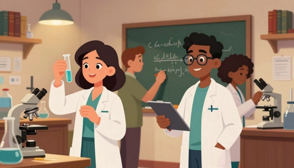 A group of underrated scientists from diverse backgrounds, standing together in a cozy, well-lit laboratory filled with vintage books and scientific instruments. In the foreground, a female scientist in professional attire carefully examines a test tube, while a male scientist with glasses writes notes on a chalkboard in the middle. In the background, a third scientist, a woman of color, is adjusting a microscope. The lighting is warm and inviting, casting soft shadows to enhance the atmosphere of collaboration and discovery. The camera angle is slightly low, providing a sense of awe and inspiration. This image should reflect a harmonious and intellectual environment, embodying the spirit of innovation. The scene should be colorful and friendly, capturing the essence of brilliant minds and their untold stories. Designed by Debsie.