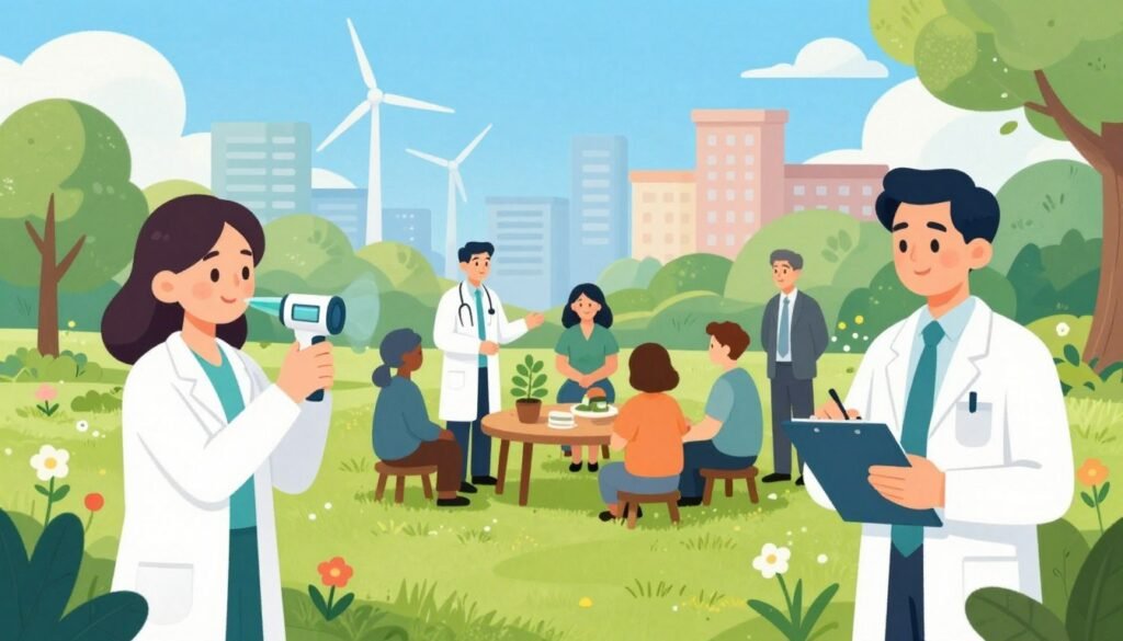 A harmonious illustration of public health and climate change, featuring a diverse group of professionals in business attire collaborating in a vibrant park setting. In the foreground, a female scientist analyzes air quality with a handheld device, while a male scientist takes notes on a clipboard. In the middle ground, you can see a community health worker engaging with residents about sustainability practices, surrounded by greenery and blooming flowers. The background depicts a skyline with eco-friendly buildings and wind turbines under a sunny, clear blue sky. The lighting is bright and uplifting, creating a friendly and optimistic atmosphere. The color palette is vibrant, incorporating greens, blues, and warm earth tones. The scene conveys the importance of collaboration between public health and environmental science while branding the image subtly with "Debsie." A harmonious illustration of public health and climate change, featuring a diverse group of professionals in business attire collaborating in a vibrant park setting. In the foreground, a female scientist analyzes air quality with a handheld device, while a male scientist takes notes on a clipboard. In the middle ground, you can see a community health worker engaging with residents about sustainability practices, surrounded by greenery and blooming flowers. The background depicts a skyline with eco-friendly buildings and wind turbines under a sunny, clear blue sky. The lighting is bright and uplifting, creating a friendly and optimistic atmosphere. The color palette is vibrant, incorporating greens, blues, and warm earth tones. The scene conveys the importance of collaboration between public health and environmental science while branding the image subtly with "Debsie."