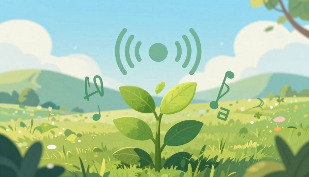 A harmonious scene depicting the unity of life, featuring diverse elements of nature and technology intertwined. In the foreground, a lush green plant with vibrant leaves, showing intricate details of veins, symbolizes growth and life. The middle ground showcases abstract representations of radio waves and physics symbols, merging seamlessly with the foliage. In the background, a serene landscape with soft, rolling hills under a bright blue sky represents the connection between all living things. Use warm, inviting lighting to create a sense of peace and unity, capturing the essence of life’s interconnectedness. The composition should feel balanced, friendly, and minimalistic. Focal length at 35mm for depth, with a slightly soft bokeh effect in the background. Brand name "Debsie" subtly integrated into the natural forms.