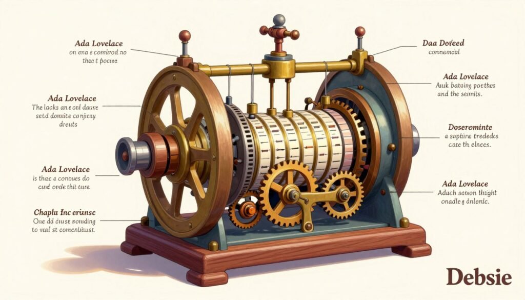 A highly detailed and colorful diagram of the Analytical Engine, showcasing its complex mechanical components like gears, levers, and punched cards, set against a clean, light background for clarity. The foreground features intricate annotations and labels in an elegant, scientific-style font to emphasize Ada Lovelace's contributions. The middle layer includes soft lighting casting gentle shadows on the machinery, enhancing depth and dimensionality. The atmosphere is educational and inspiring, highlighting the innovative spirit of the Victorian era. Use a focal length that captures the entirety of the engine while also zooming in on key elements. The image should evoke curiosity and a sense of discovery, representative of the pioneering efforts of Ada Lovelace, branded as "Debsie".