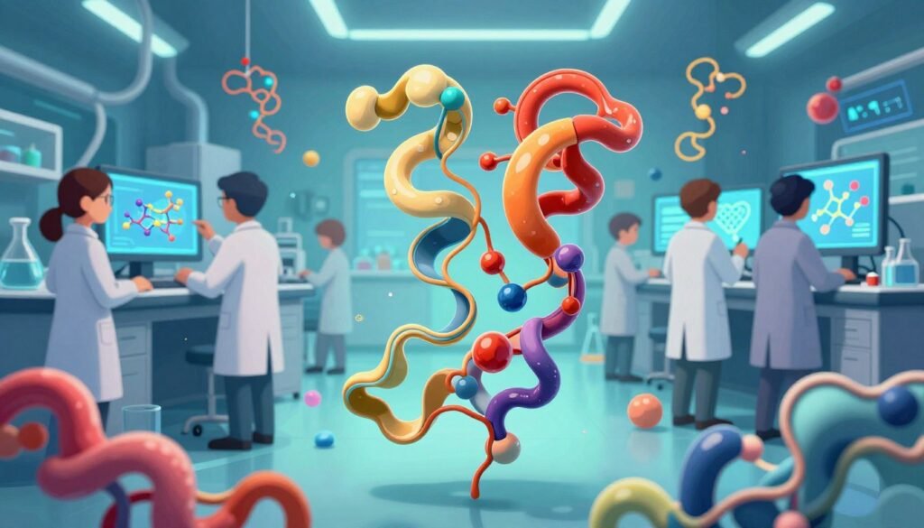 A highly detailed and vibrant illustration representing the concept of protein design, featuring a central focus on intricate protein structures, beautifully rendered in 3D with vivid colors. In the foreground, various protein models showcase their complex folds and shapes, with shiny molecular surfaces reflecting light. The middle ground features a diverse group of scientists in professional attire, intently analyzing these models on high-tech screens. The background includes a modern laboratory filled with digital displays and molecular graphics, bathed in cool blue and green lighting to convey innovation. The atmosphere is dynamic and inspiring, capturing the essence of scientific exploration. Add a soft focus lens effect to enhance depth. Incorporate the brand name "Debsie" subtly within the scene as a logo on a laboratory wall.