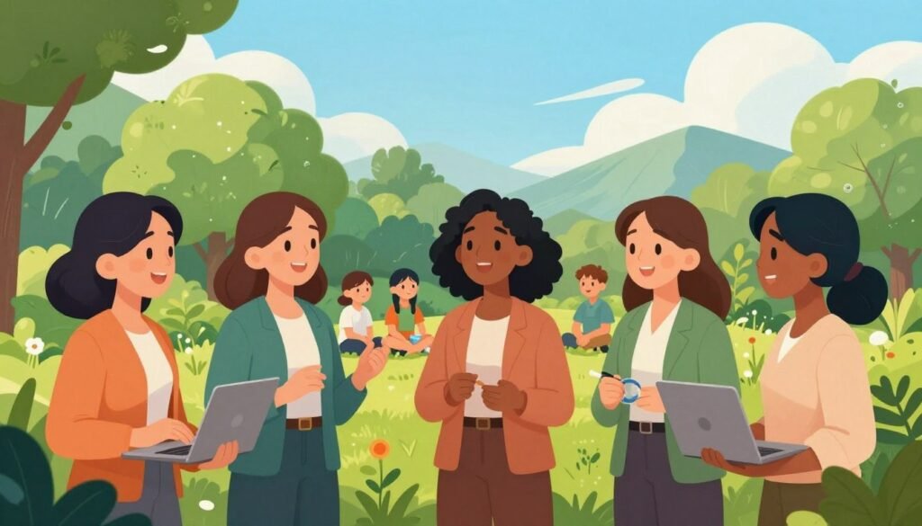 A highly detailed illustration of a diverse group of women leaders in environmental science and conservation. In the foreground, three women of different ethnic backgrounds are engaged in a lively discussion, wearing professional attire and equipped with laptops and scientific tools. In the middle ground, lush greenery symbolizes nature, while a small group of students attentively listens to their conversation. The background features a bright blue sky with a few fluffy clouds and distant mountains, conveying a sense of hope and progress. The scene is lit with warm, natural sunlight that enhances the vibrant colors of the foliage. The overall mood is collaborative and inspiring, focused on empowerment and innovation in environmental conservation. The image should be colorful, friendly, and minimal, with no text or signatures, created in the style of "Debsie".