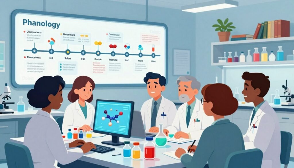 A highly detailed illustration showcasing the evolution of pharmacology and chemotherapy. In the foreground, a diverse group of scientists in professional business attire is gathered around a table filled with colorful vials and lab equipment, examining molecular structures on digital screens. The middle ground features a large wall displaying an infograph chart illustrating the timeline of drug development alongside famous medications. In the background, a vibrant laboratory setting with shelves of books and plants creates a lively atmosphere. The lighting is bright and inviting, with soft shadows to emphasize the subjects, captured from a slight low angle to convey importance. The mood is optimistic and collaborative, highlighting the groundbreaking nature of medical science. The image is branded with the name "Debsie" in a subtle yet prominent manner, without any distractions.